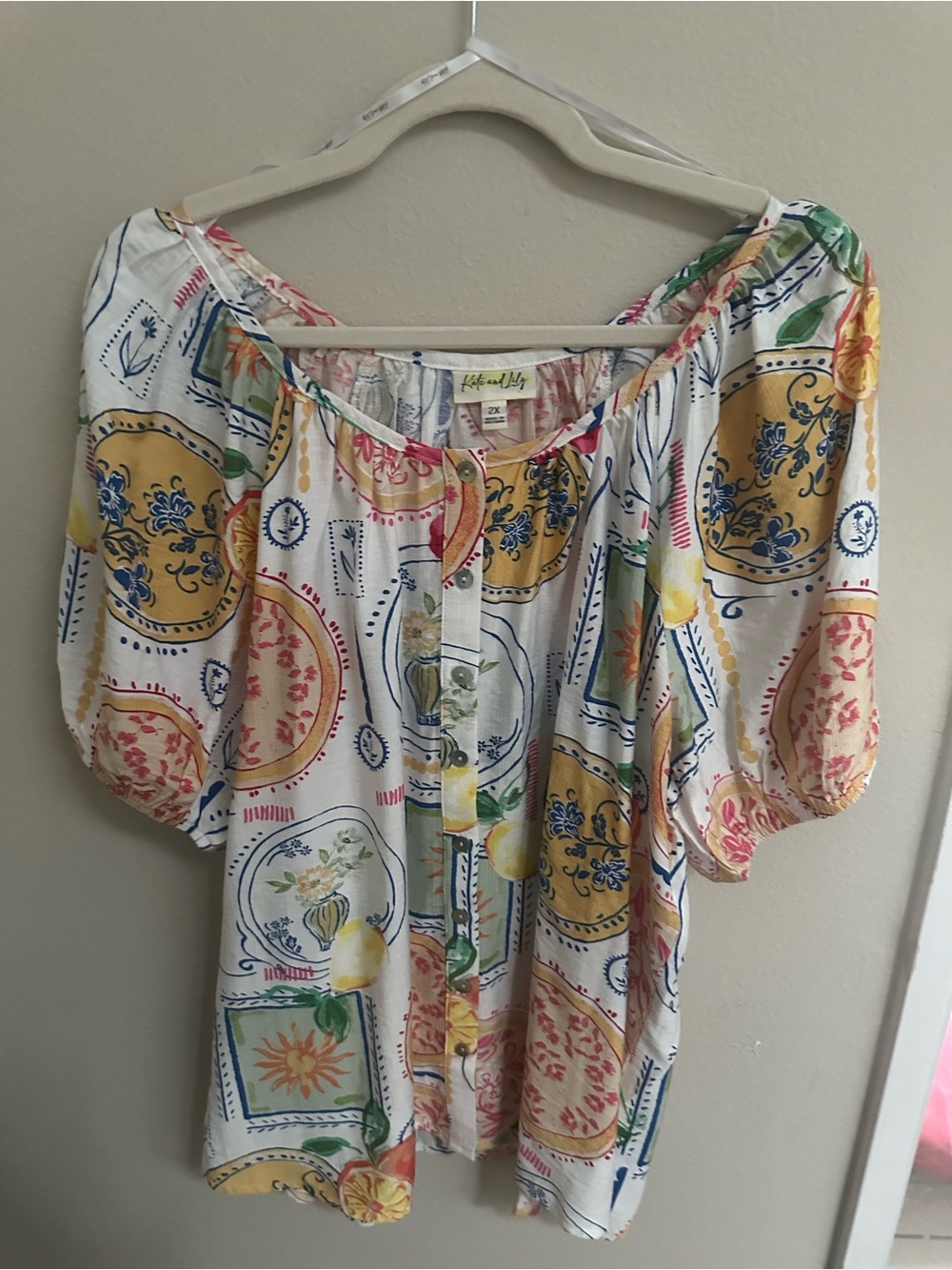 Kate and Lily White Multi-Print Peasant Blouse, Size 2x